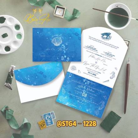 Thiệp túi gấp 4 xanh dương họa tiết biển (STG4 1228)